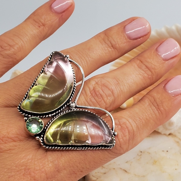 Natural Ametrine Stone Butterfly 925 Silver Ring - Picture 7 of 7